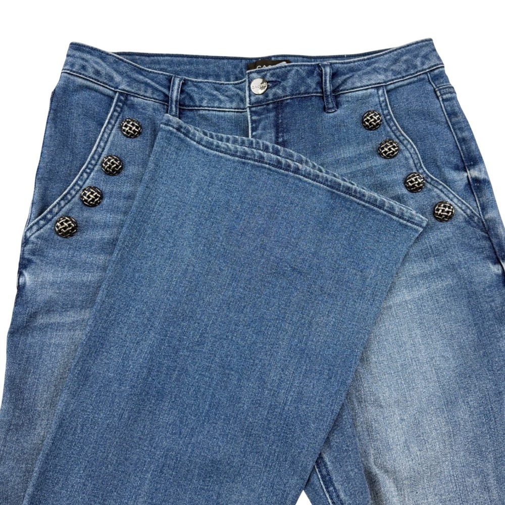 Cache Sailor Flare Jeans Women 29 High Rise Wide Leg Button Detail Casual